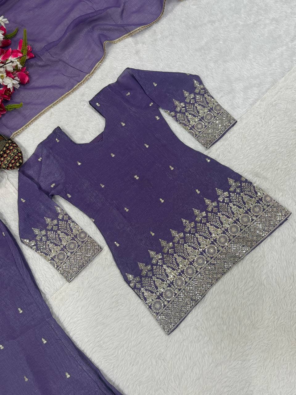 Elegant Lavender Embellished Kurta and Flared Sharara Set Featuring Intricate Silver Zari Embroidery and a Sheer Matching Dupatta